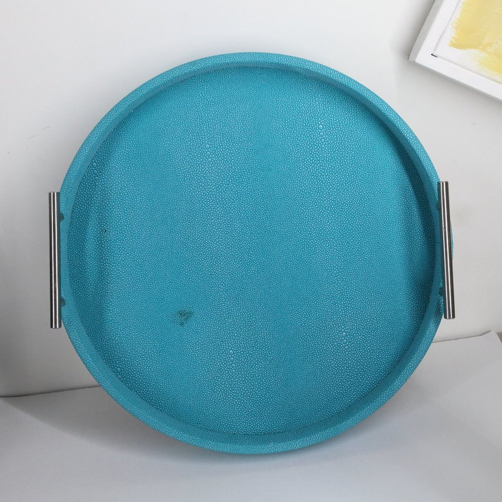 Large circular faux leather tray w/silver handles